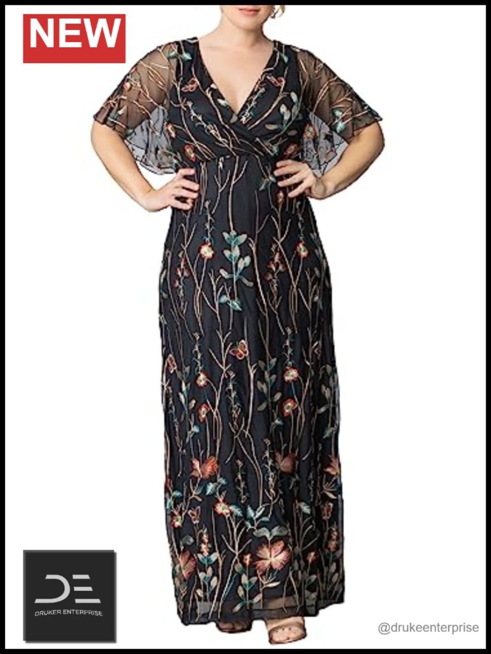 Plus Size Floral Embroidered Mesh Evening Gown Long Formal Dress